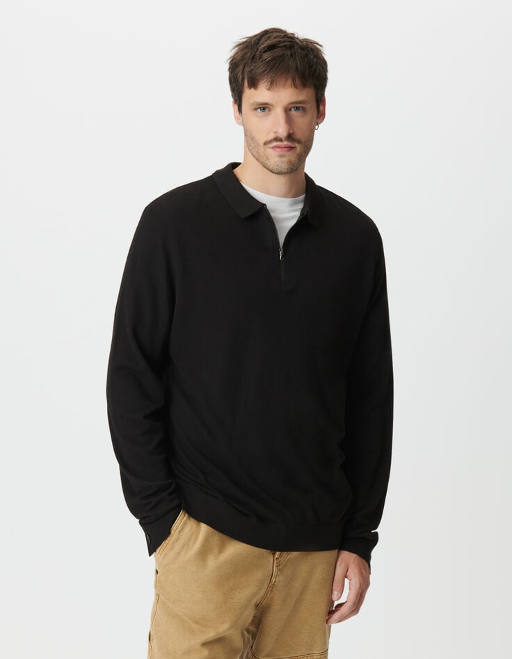 Schwarzes Herrenpoloshirt lange Ärmel Piqué-Strick-1 Schwarzes Herrenpoloshirt lange Ärmel Piqué-Strick-1