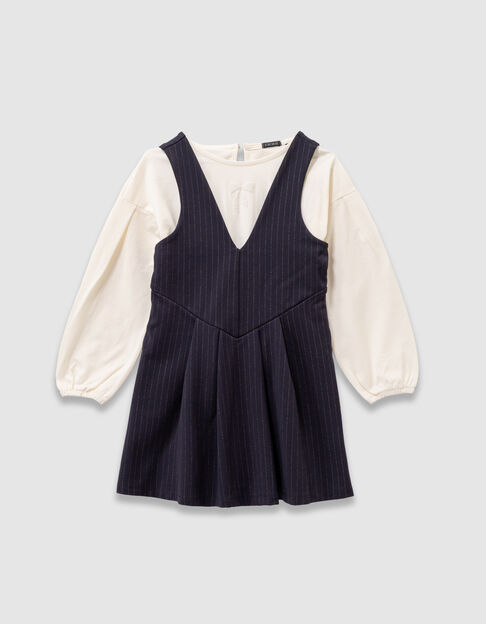 Girls’ 2-in-1 navy pinstripe dress and ecru T-shirt - IKKS