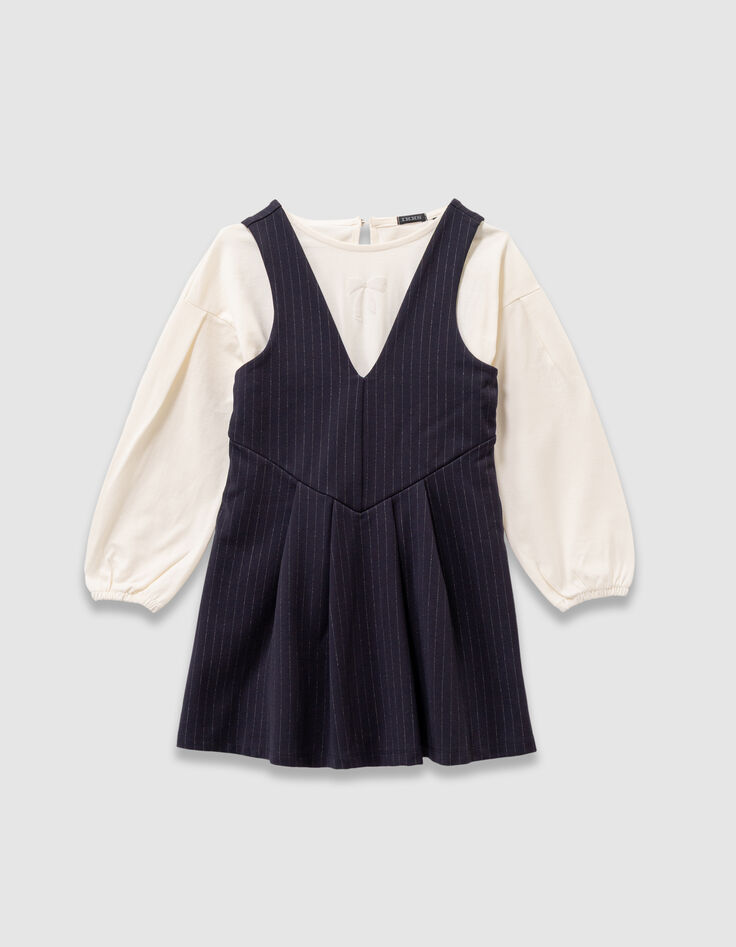 Girls’ 2-in-1 navy pinstripe dress and ecru T-shirt-1