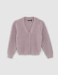 Fliederfarbene Mädchenstrickjacke mit Fantasiestrickmuster-1