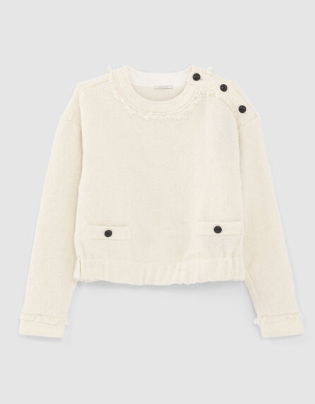 Women’s ecru raw edge sweatshirt with buttons on shoulders
