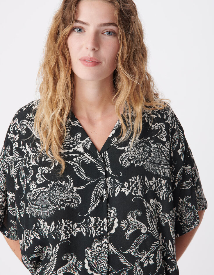 Zwart vloeiend damesshirt met barokke bloemenprint-5