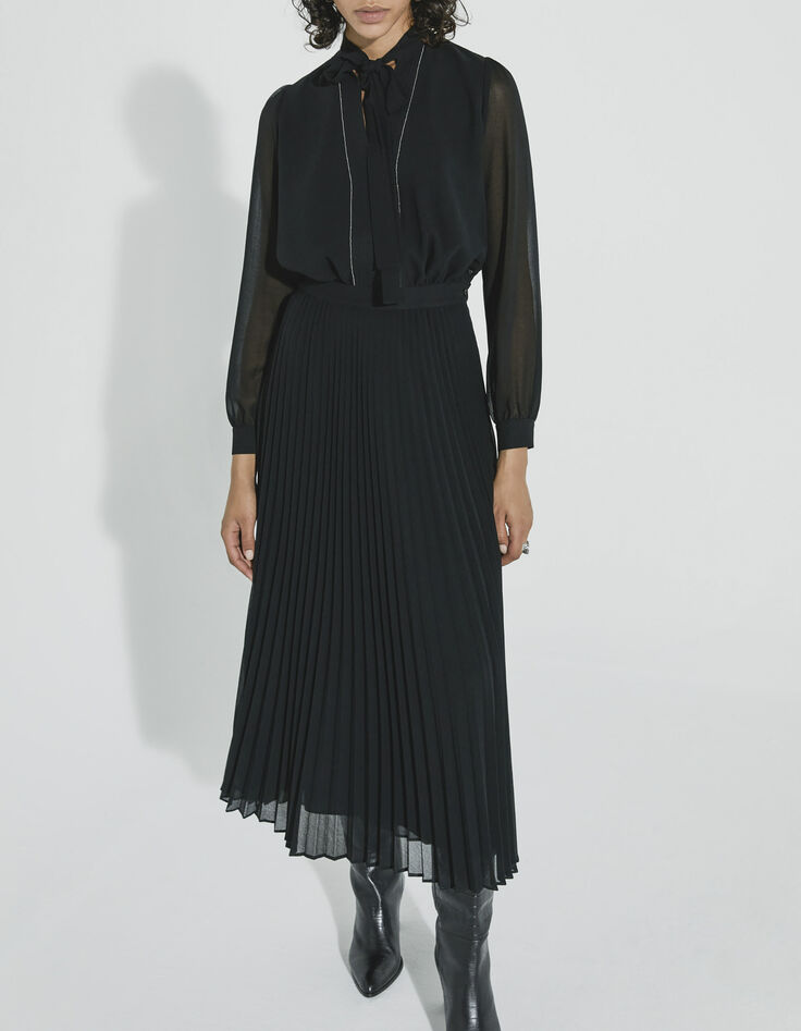 Vestido largo plisado gasa negro mujer-1