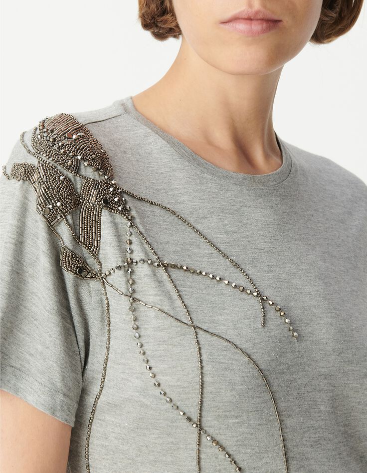 Women's grey tee-shirt with metallized beads on shoulder-4