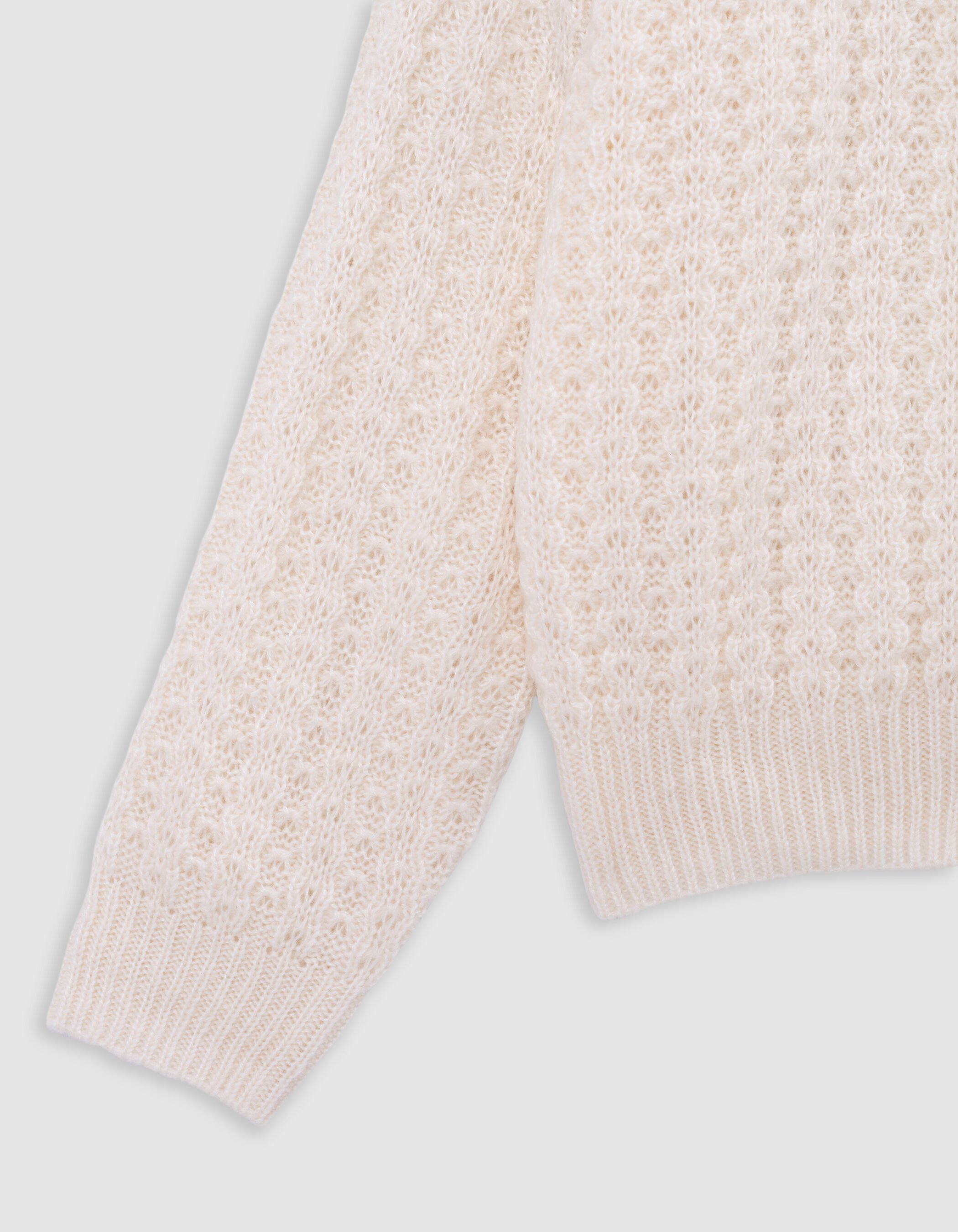 Girl's ecru cardigan with zipper and fancy openwork knit