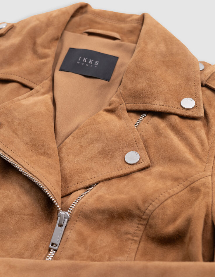 Veste camel cuir velours esprit motard Femme-7