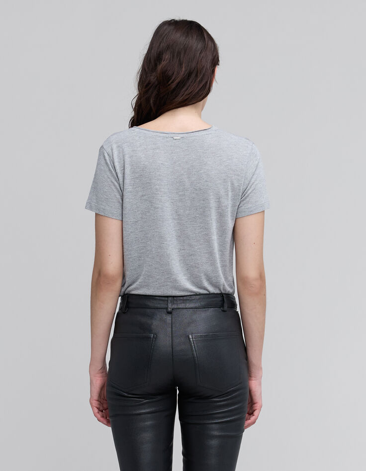 Hellgrau meliertes Damen-T-Shirt mit V-Ausschnitt-3