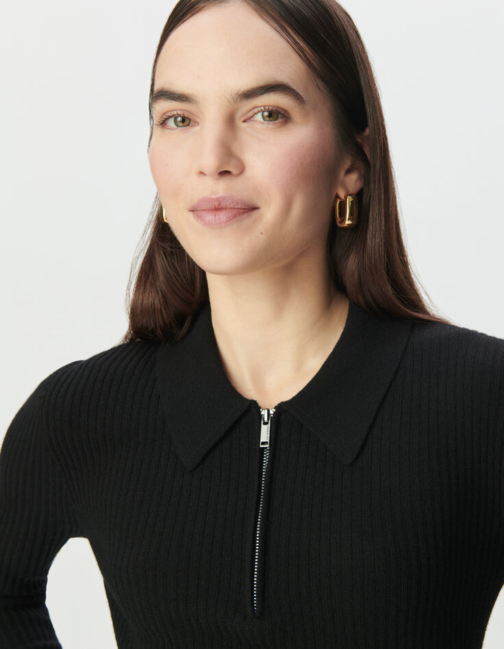 Pull noir tricot 100% laine col polo zippé Femme-5