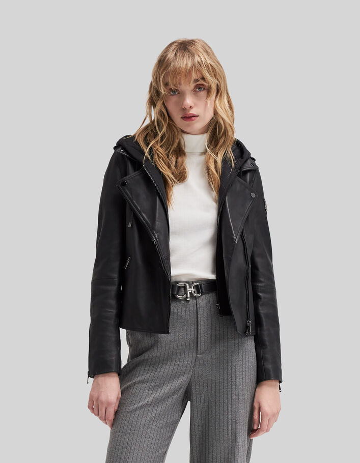 Women's black lambskin jacket with removable hood-2
