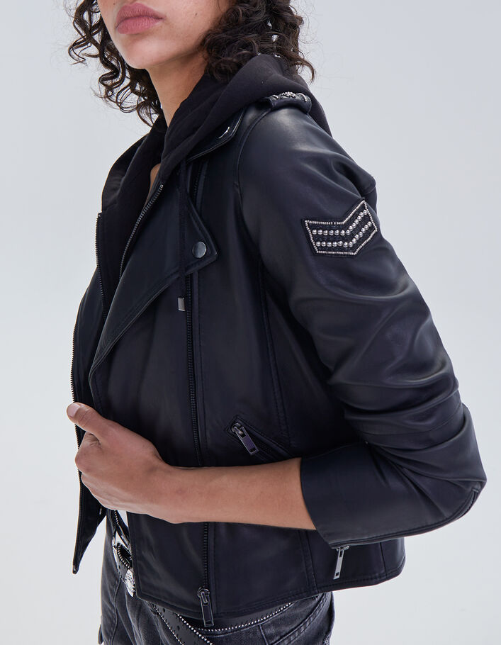Women's black lambskin jacket with removable hood-2