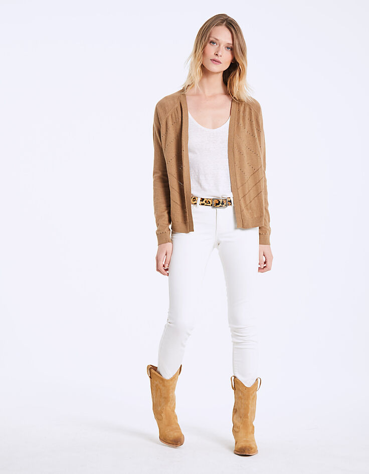 Cárdigan punto tricot camel de lino algodón mujer-6