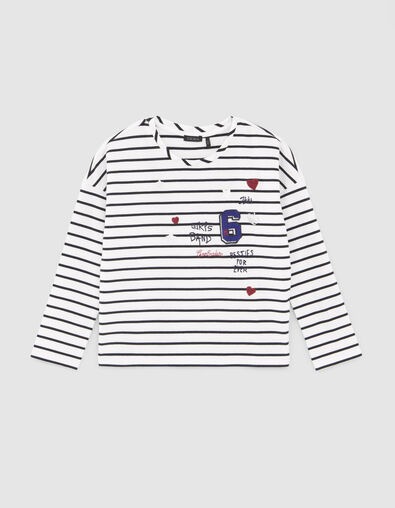 Cremewei&szlig;es, besticktes M&auml;dchen-Ringelshirt, Biobaumwolle - IKKS