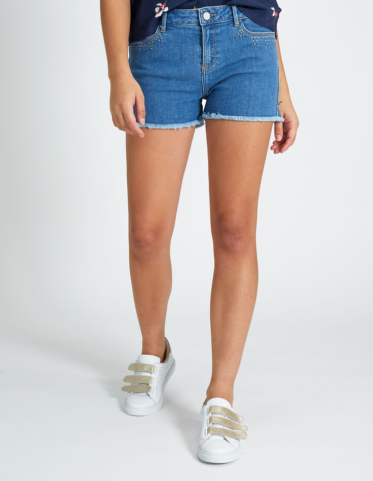 Short bleu en jean frangé à clous I.Code-3