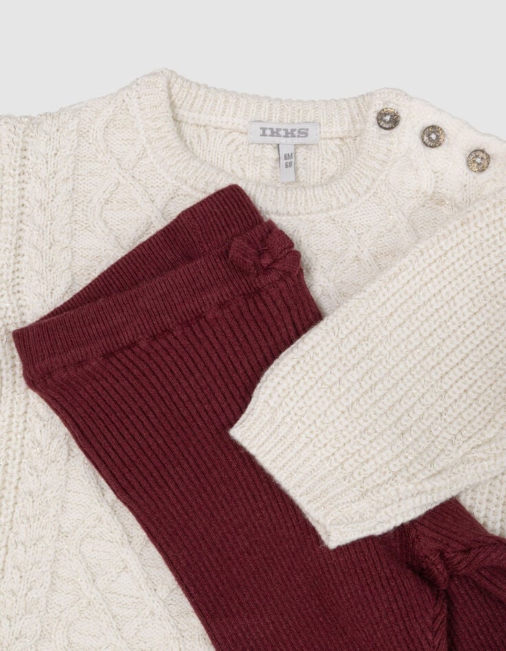 Set gebreide ecru trui en bordeaux legging babymeisjes-3