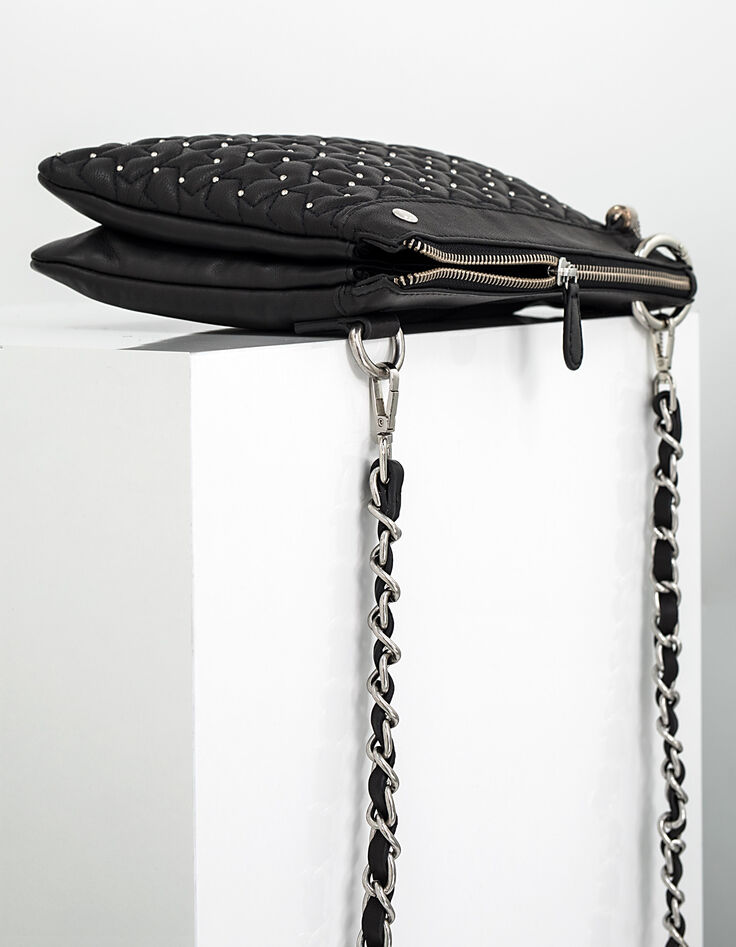 Women's black leather double clutch bag-4