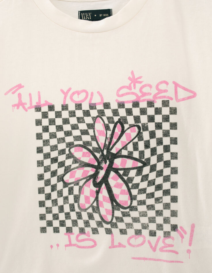 T-shirt &eacute;cru coton bio visuel fleur et damier fille-3