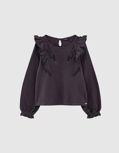 T-shirt noir bio à volants brodé éclairs fille - IKKS