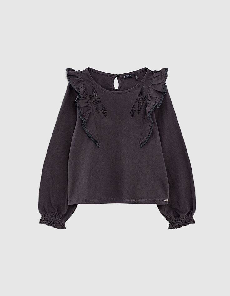 T-shirt noir bio à volants brodé éclairs fille-1