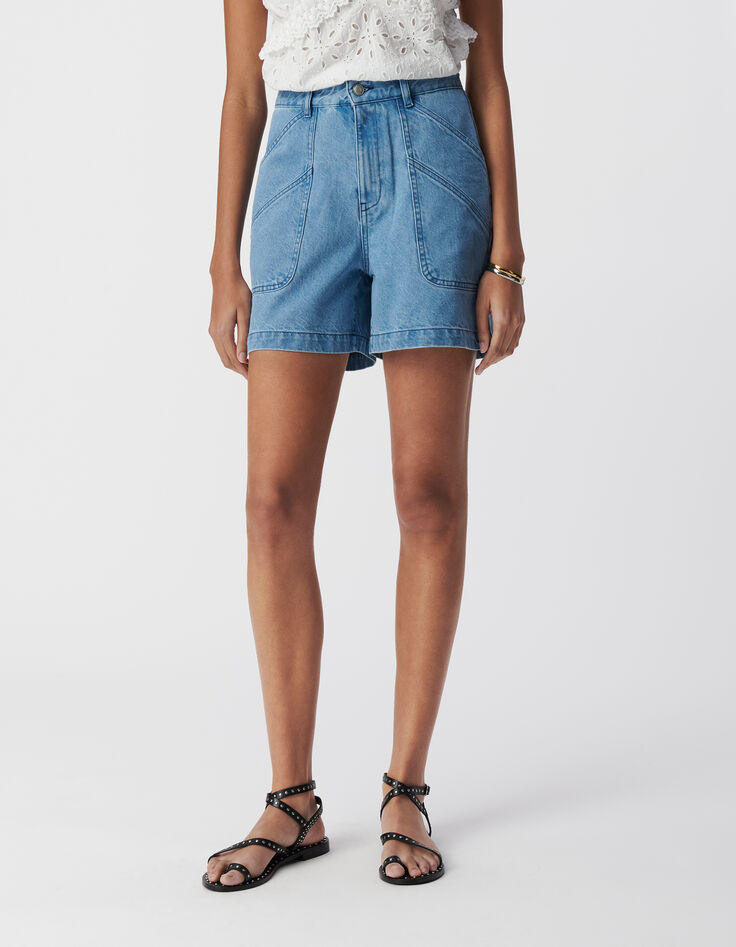 Short en jean bleu waterless maxi poches Femme-2 Short en jean bleu waterless maxi poches Femme-2