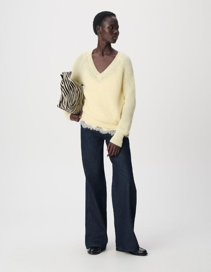 Pull col V jaune tricot loose Femme-5