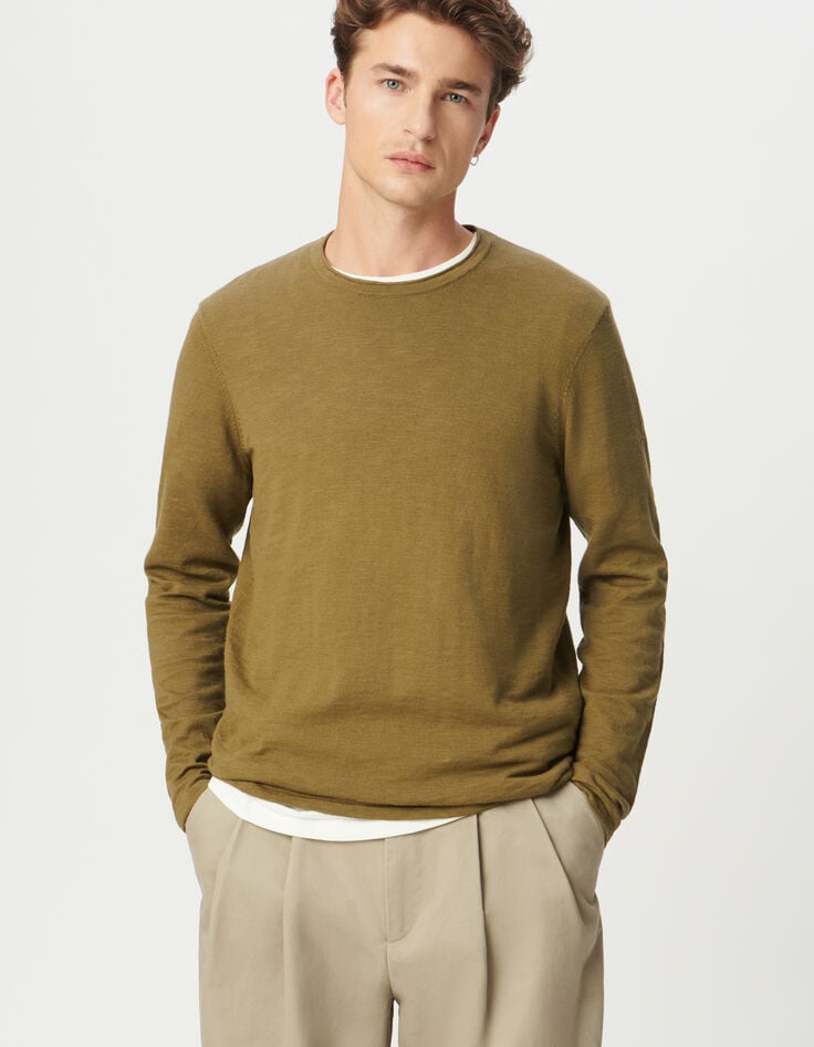 Pull kaki coton bio tricot fin flammé Homme-3 Pull kaki coton bio tricot fin flammé Homme-3
