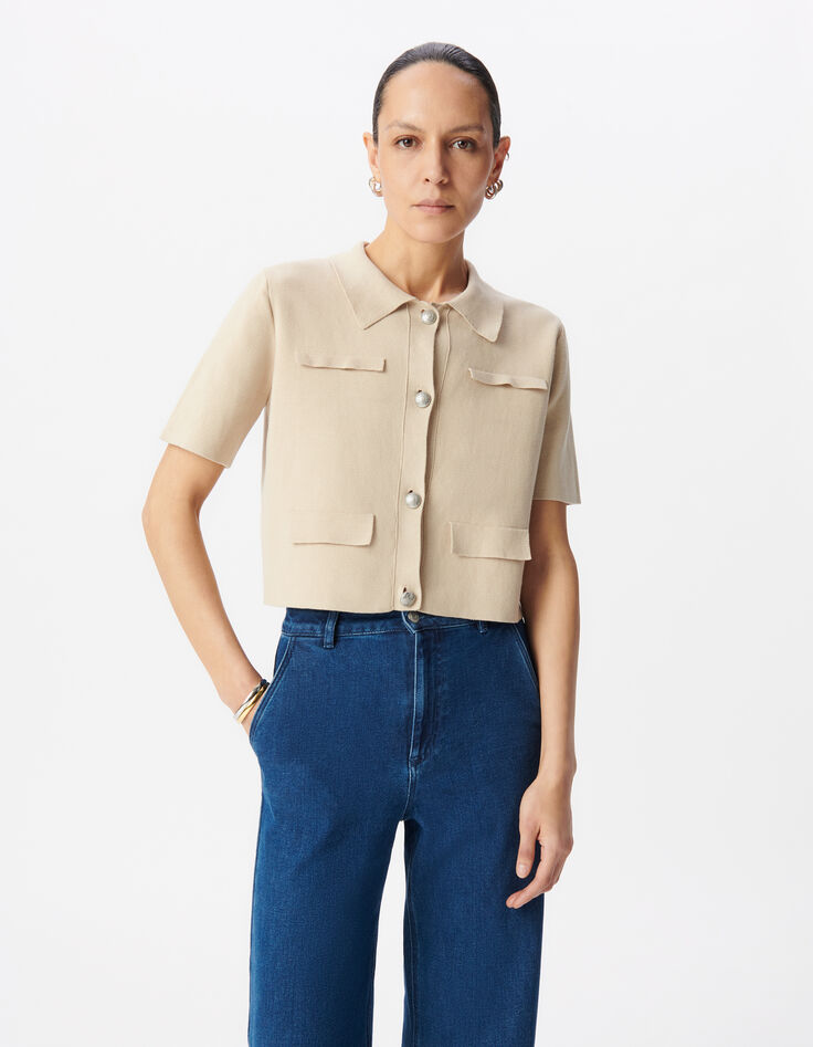 Dames kort gebreid beige vest met gegraveerde knopen-2