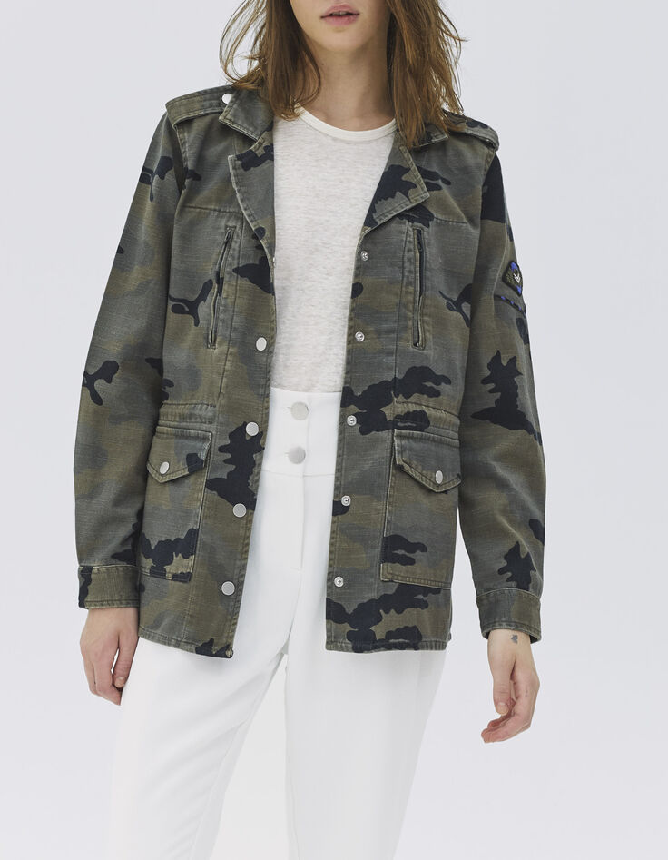 Women’s khaki camouflage denim safari jacket with badges-1