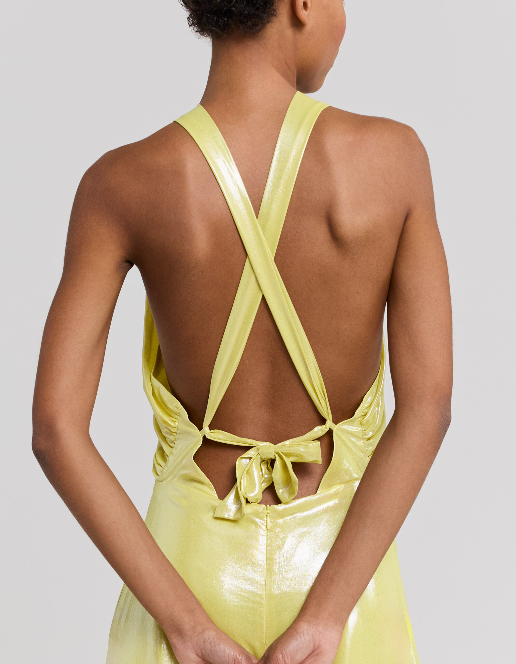 Women s yellow lame backless long dress IKKS