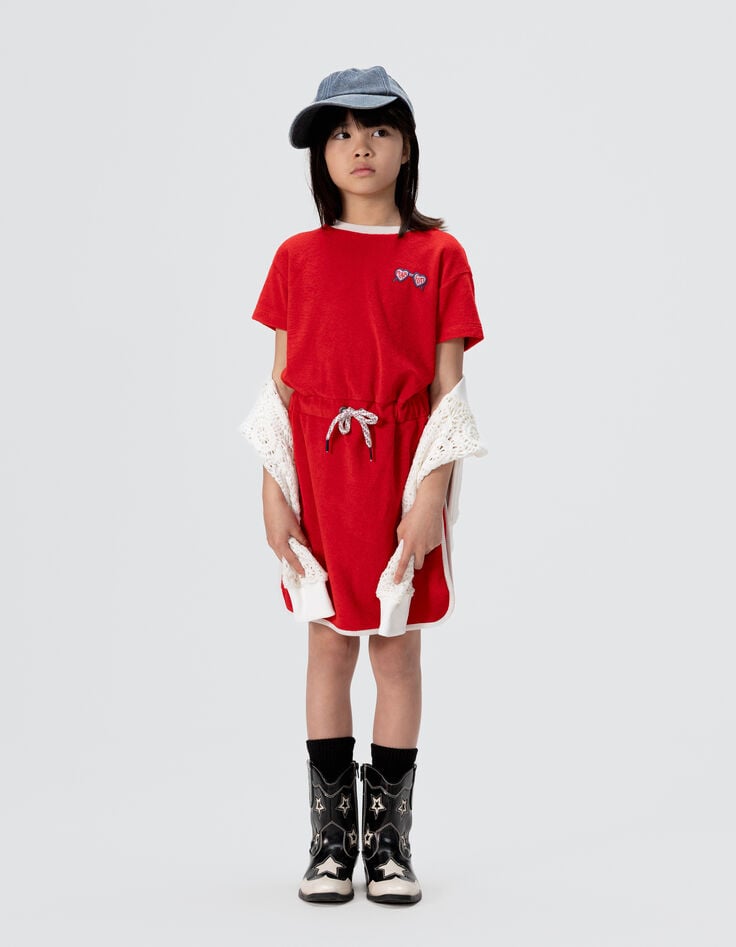 Girls’ red terry cloth dress with drawstring waist-1 Girls’ red terry cloth dress with drawstring waist-1