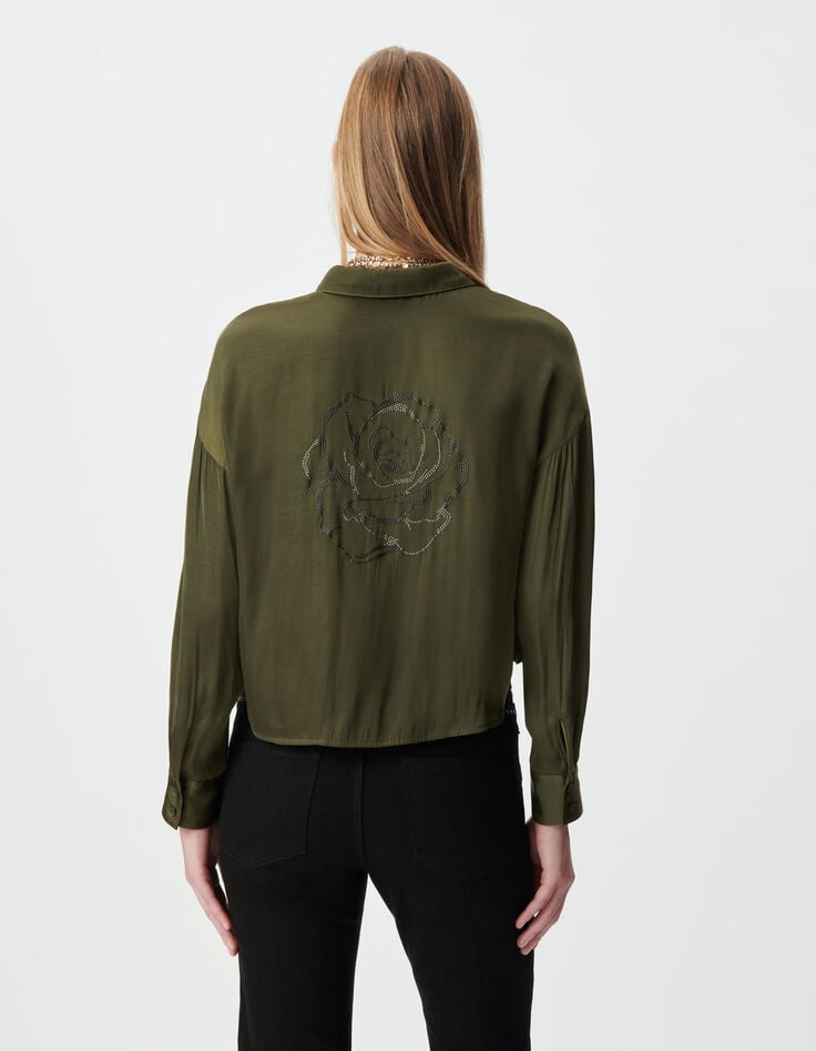 Kaki vloeiend overhemd lange mouw cropped Dames-4 Kaki vloeiend overhemd lange mouw cropped Dames-4