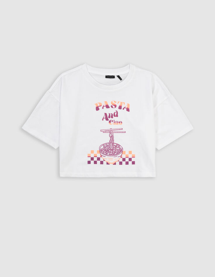 T-shirt blanc coton bio visuel bol de pâtes fille-4