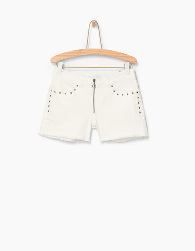 Short blanc cassé à clous, zip et bas frangés fille - IKKS