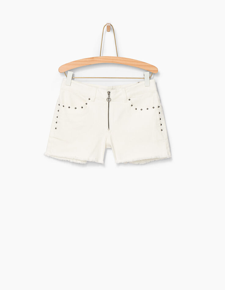 Short blanc cassé à clous, zip et bas frangés fille-1