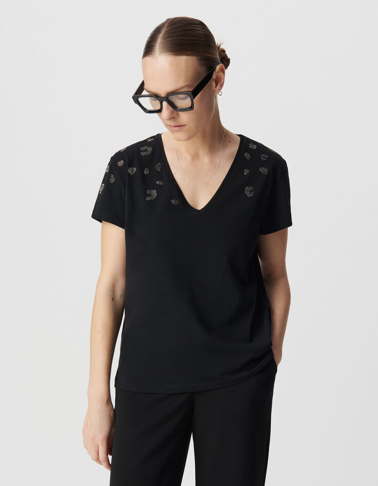 Khaki Damen-T-Shirt aus Bio-Baumwolle mit Leoparden-Mikro-Nieten-2