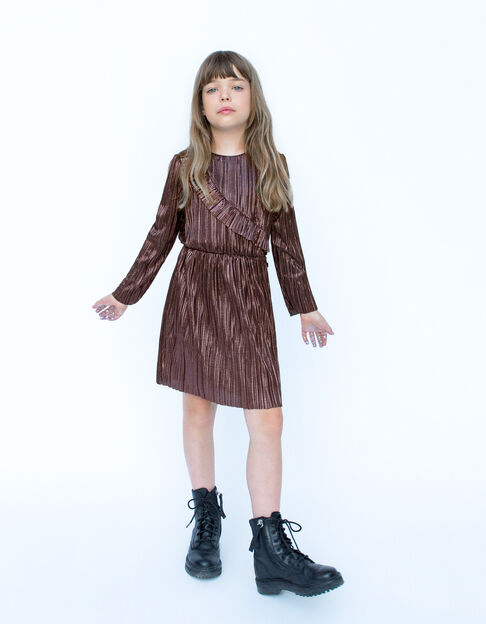 Robe rose lamée plissée volant asymétrique fille