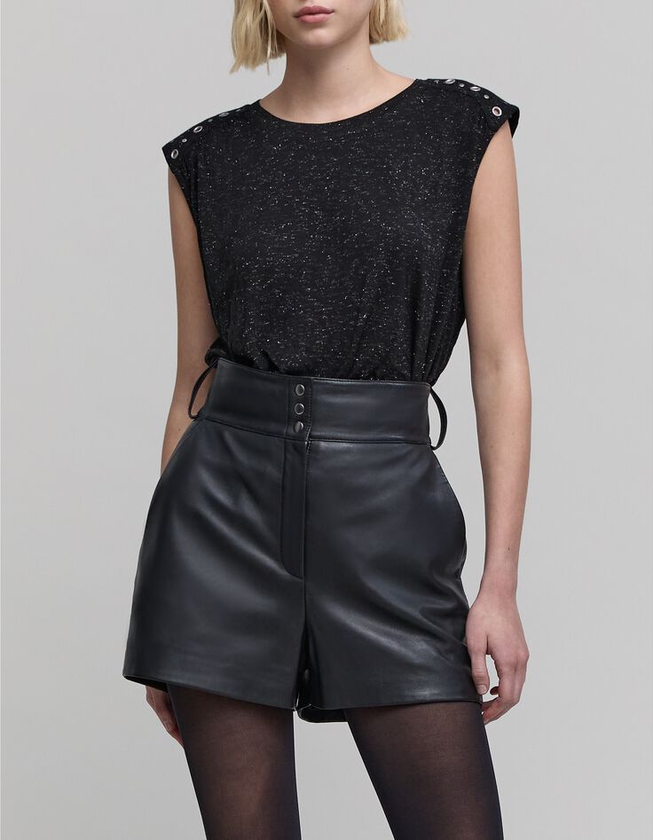 Women's black silver lurex tee-shirt with eyelet and stud-3