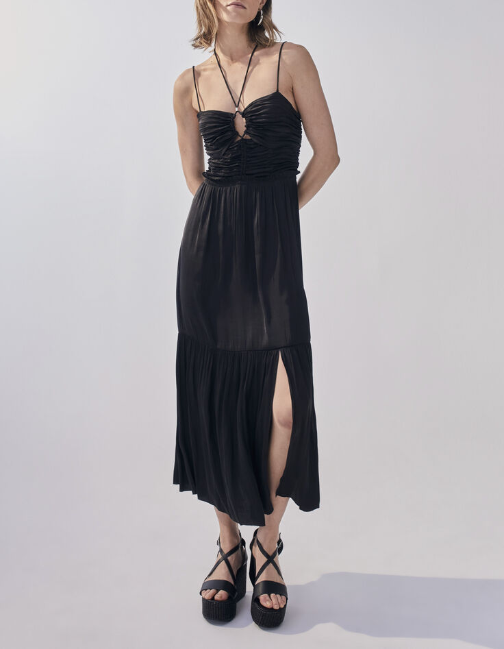 Vestido bustier largo negro drapeado delante mujer-4