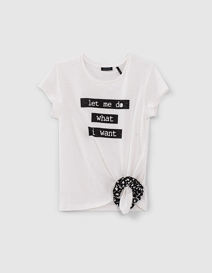 Girls’ off-white T-shirt with scrunchie and slogan - IKKS