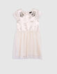 Ecru satin and embroidered bi-material dress for girls-1
