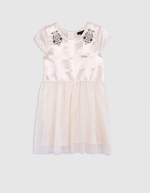 Ecru satin and embroidered bi-material dress for girls - IKKS