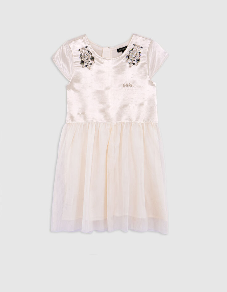 Ecru satin and embroidered bi-material dress for girls-1