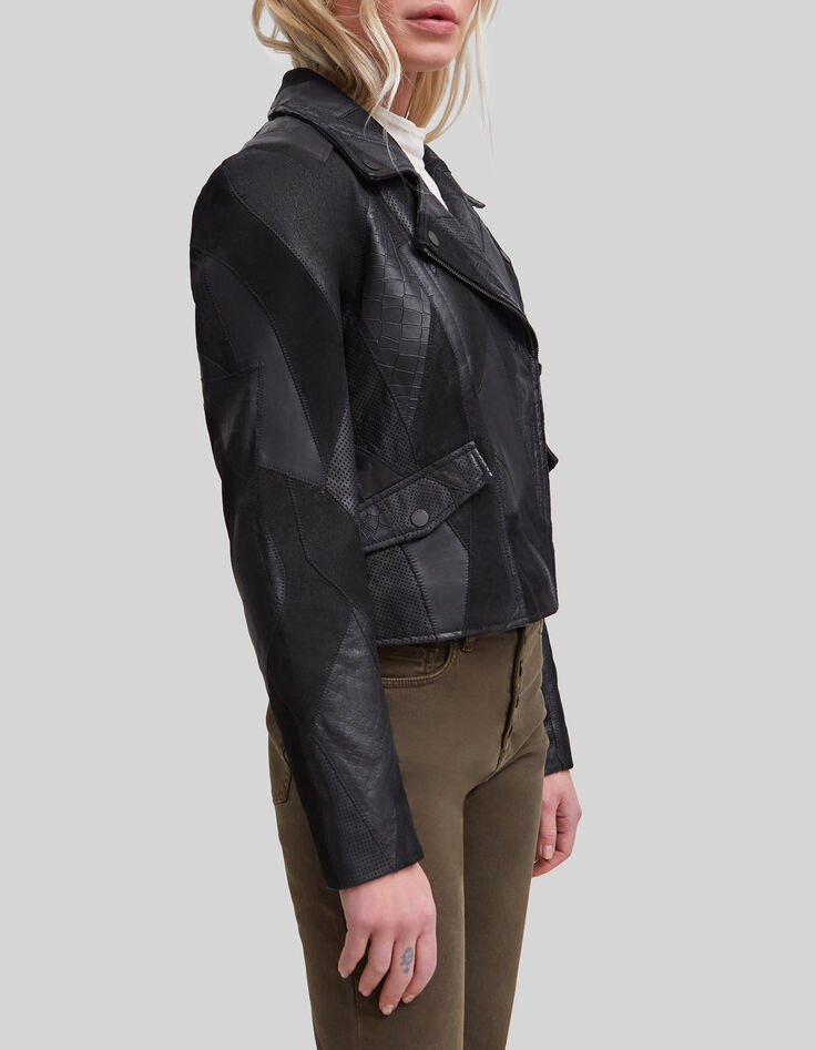 Women's black leather patchwork-look biker-style jacket-5