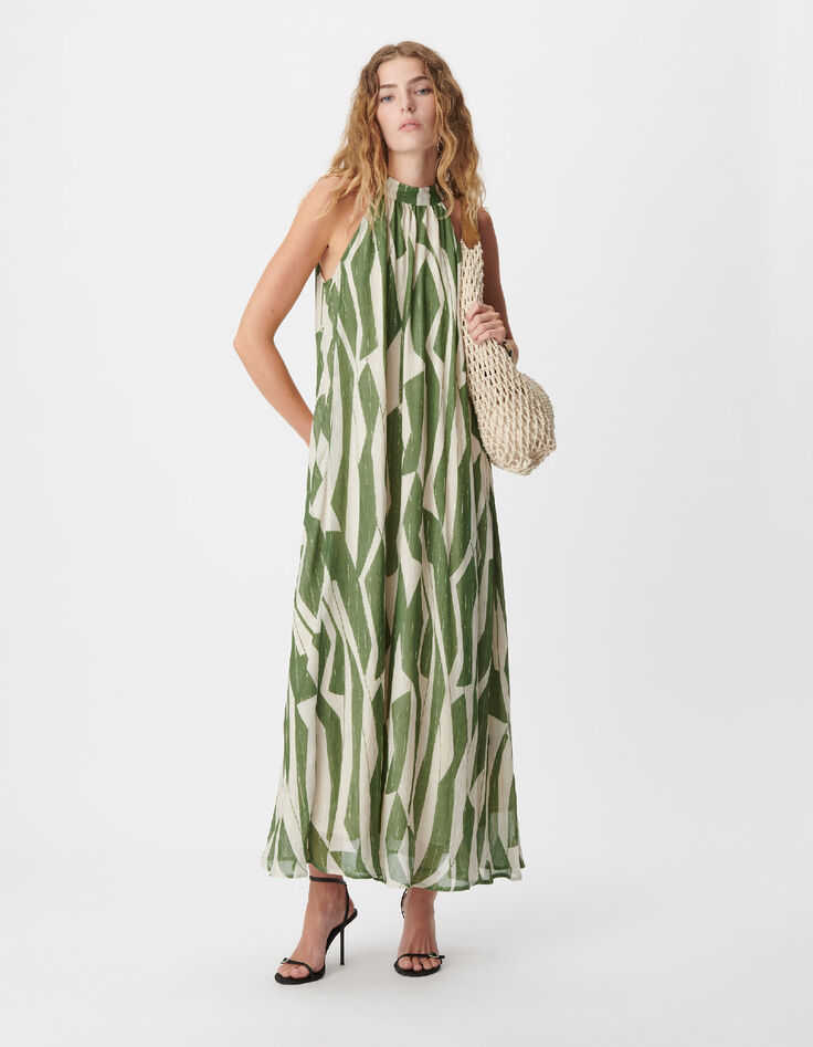 Robe longue verte imprim&eacute; graphique Femme-1