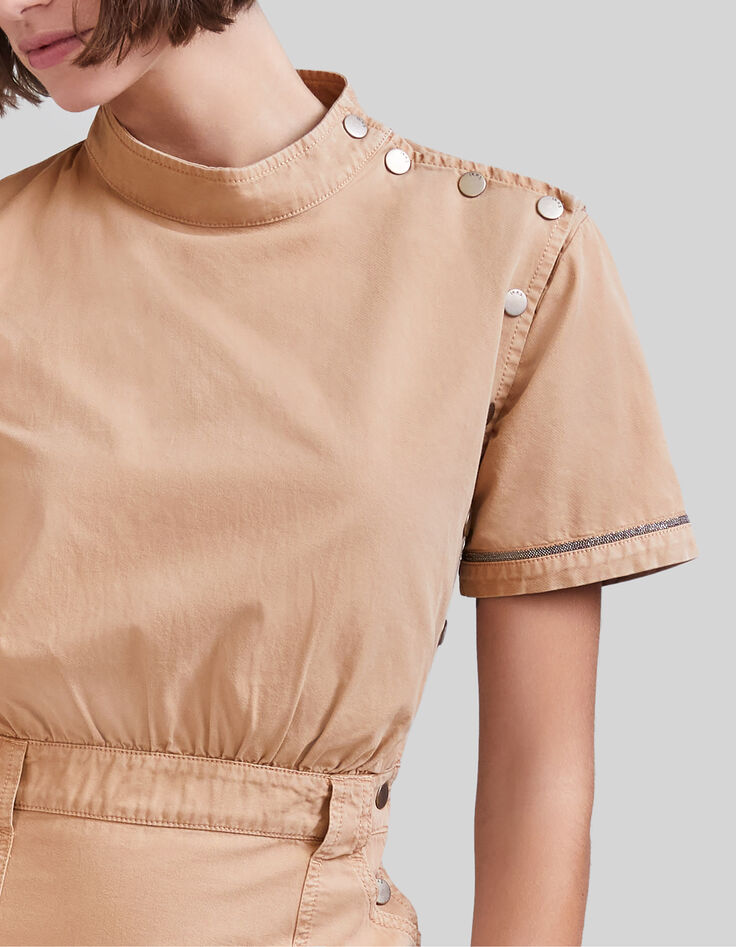 Women’s camel denim dress, pretty braid, side press studs-4