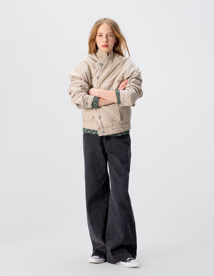 Girls’ beige canvas fur-lined jacket-3