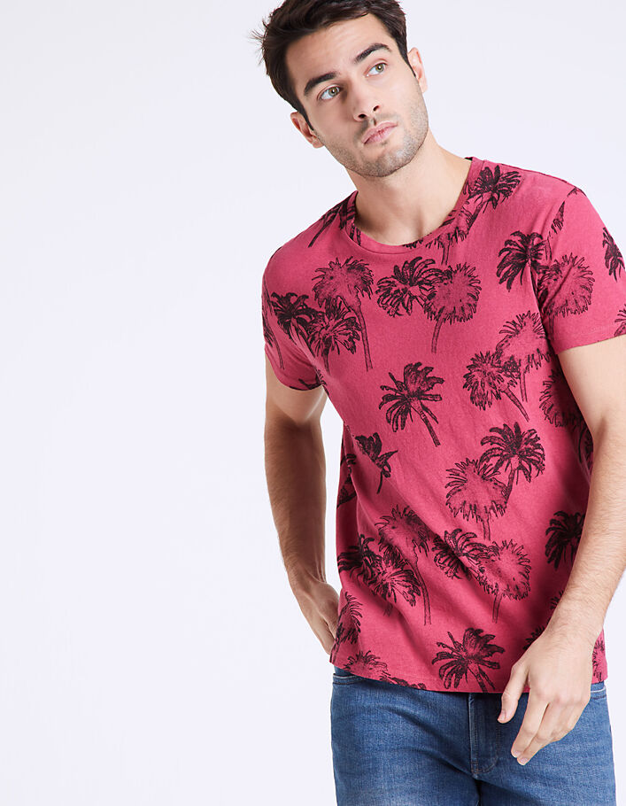 Framboosroze heren-T-shirt palmprint  - IKKS