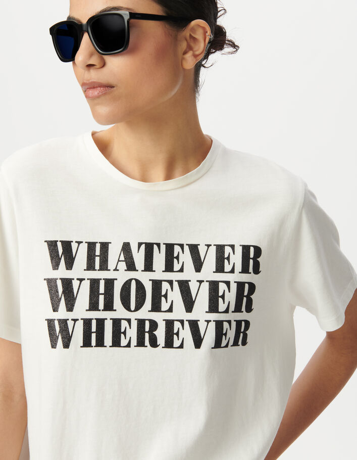 Camiseta blanca mensaje purpurina negra mujer IKKS