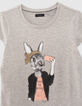 Graues M&auml;dchen-T-Shirt mit Hase mit Telefon-3