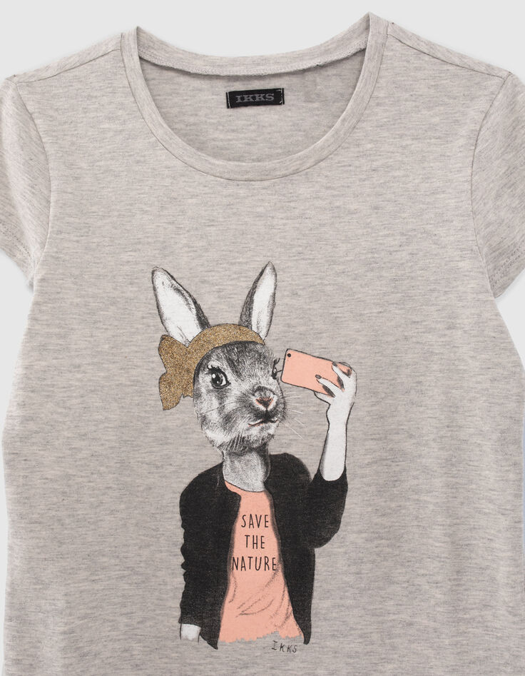 Graues M&auml;dchen-T-Shirt mit Hase mit Telefon-3