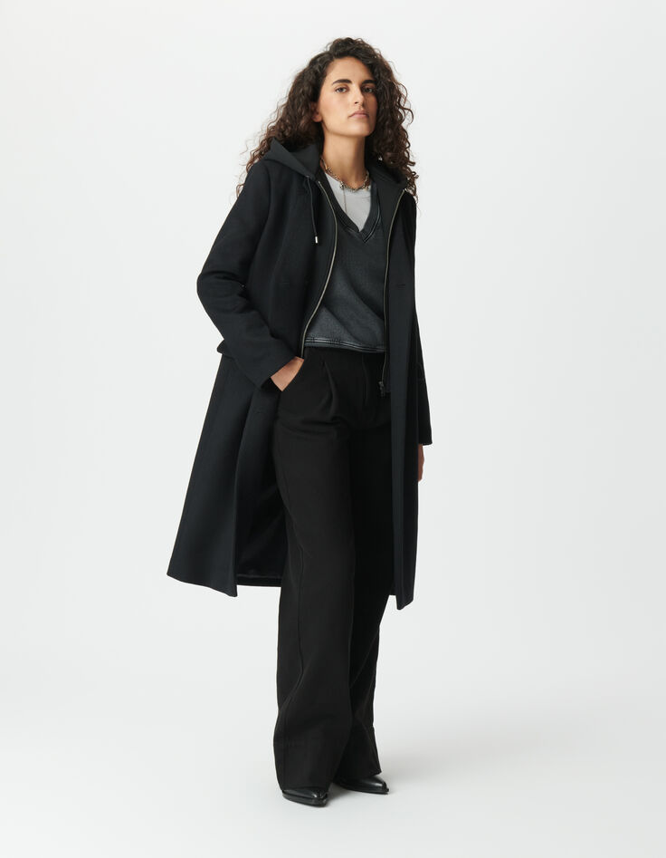 Manteau long noir parementure à capuche amovible Femme-4